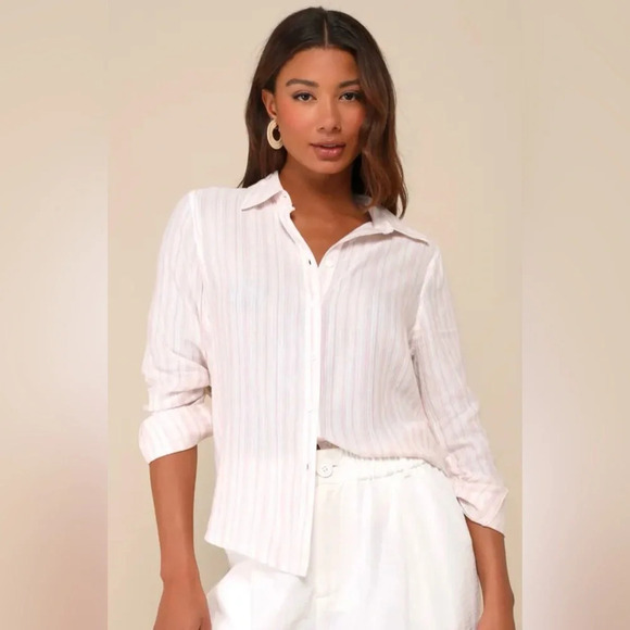 NEW with Tags (NWT) Lulus Polished Aesthetic White & Pink Striped Button-Up Top - Picture 1 of 5